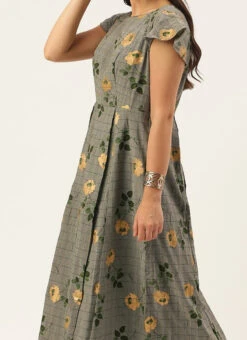 Grey Printed Rayon Calf Length Dress Work Wear