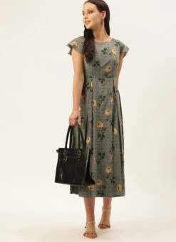 Grey Printed Rayon Calf Length Dress Work Wear -C Bazaar Shop Grey Printed Rayon Calf Length Dress DRBS02106443 u