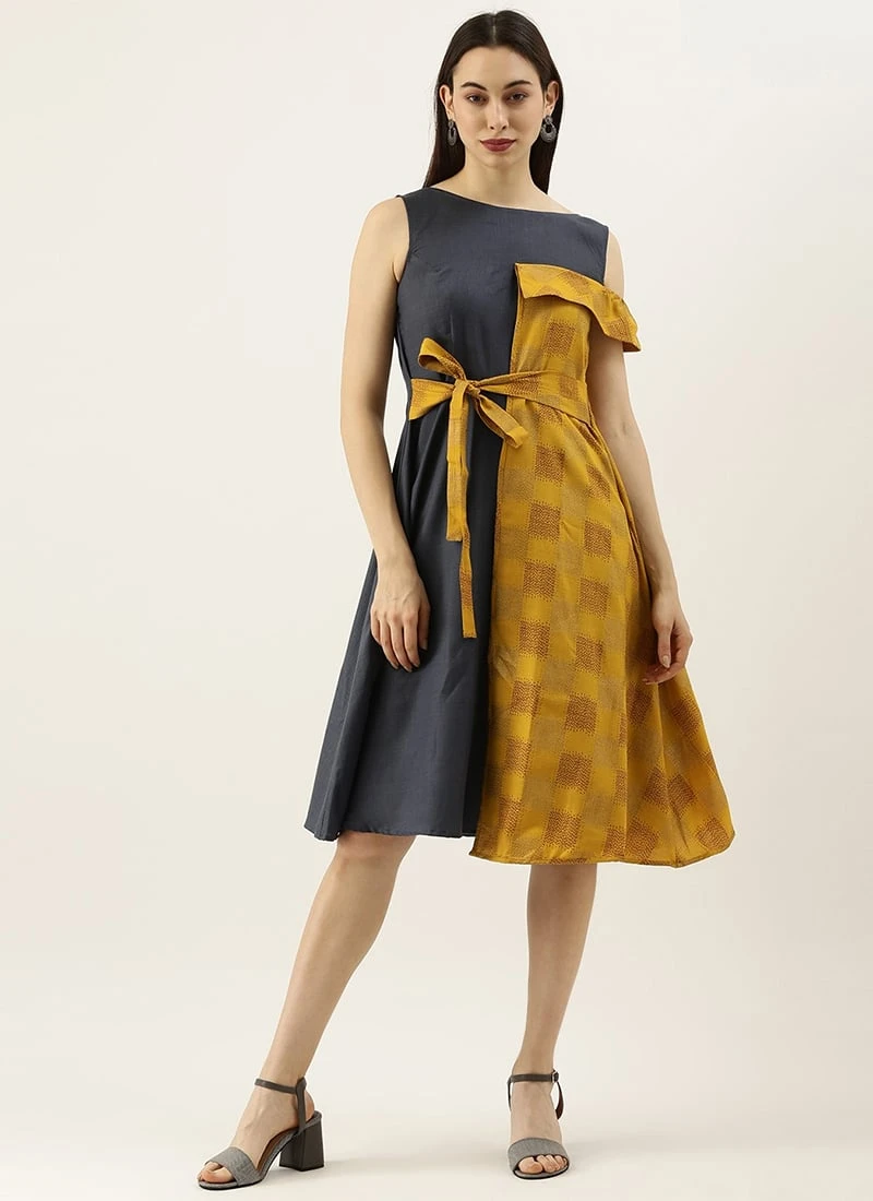 Grey Rayon N Mustard Printed Boat Neck Dress Party Wear 3 Grey Rayon N Mustard Printed Boat Neck Dress Party Wear - Image 3