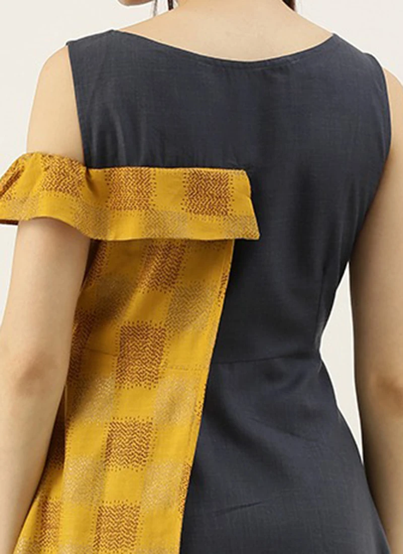 Grey Rayon N Mustard Printed Boat Neck Dress Party Wear 6 Grey Rayon N Mustard Printed Boat Neck Dress Party Wear - Image 6