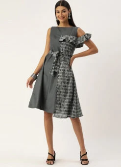 Grey Rayon Printed Boat Neck Dress After Six Wear -C Bazaar Shop Grey Rayon Printed Boat Neck Dress DRBS02107535 u