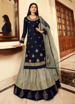 Grey Satin Georgette Embroidered N Stones Long Choli Lehenga Party Wear -C Bazaar Shop Grey Satin Georgette Embroidered N Stones Long Choli Lehenga GHSAK29147003 u