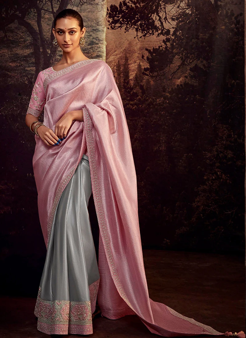 Grey With Pink Faux Crepe Embroidered Half And Half Saree Party Wear 3 Grey With Pink Faux Crepe Embroidered Half And Half Saree Party Wear - Image 3