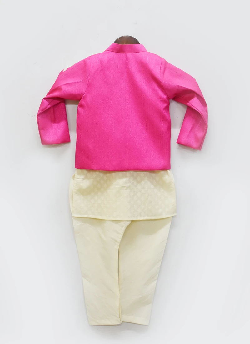Hot Pink Jacket With Off White Kurta And Chudi Pan 3 Hot Pink Jacket With Off White Kurta And Chudi Pan - Image 3