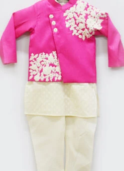 Hot Pink Jacket With Off White Kurta And Chudi Pan