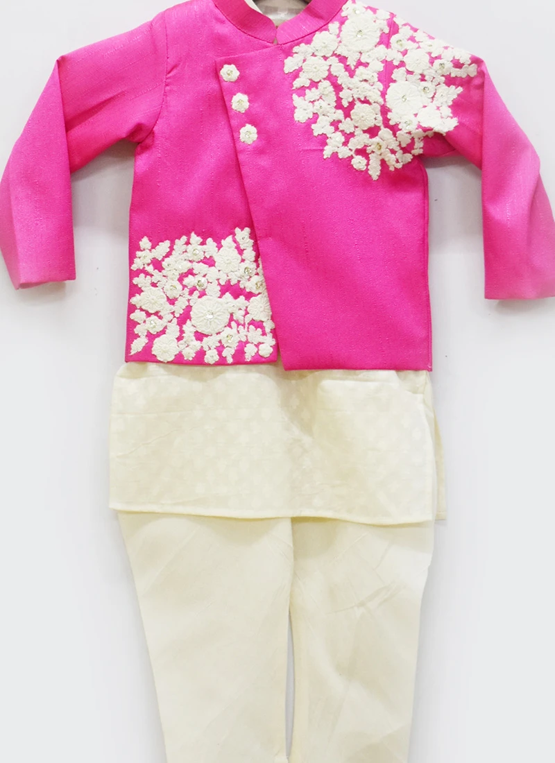 Hot Pink Jacket With Off White Kurta And Chudi Pan 1 Hot Pink Jacket With Off White Kurta And Chudi Pan