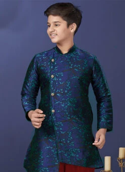 Indigo Blue Jacquard Silk Indowestern Sherwani Wedding Wear -C Bazaar Shop Indigo Blue Jacquard Silk Indowestern Sherwani KDBSRK503 b
