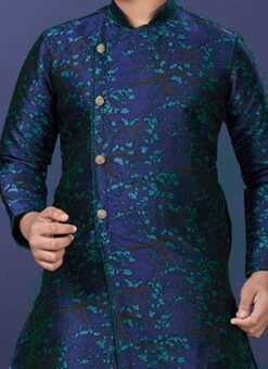 Indigo Blue Jacquard Silk Indowestern Sherwani Wedding Wear
