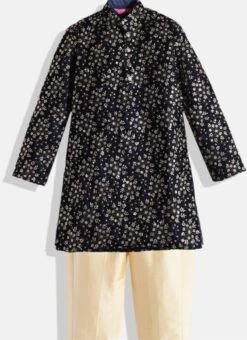 Kids Boys Beige N Blue Embroidered Kurta Set Festive Wear