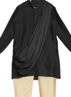 Kids Boys Blue N Beige Cowl Kurta Aligarhi Pant Set