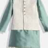 Kids Boys Green Tafetta Kurta N White Embroidered Festive Wear