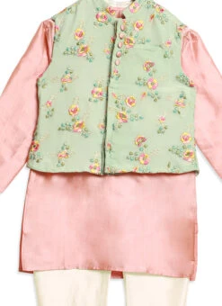 Kids Boys Pink Tafetta Kurta N Blue Embroidered Ba