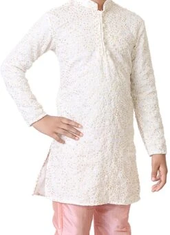 Kids Boys White N Peach Embroidered Kurta Set Festive Wear