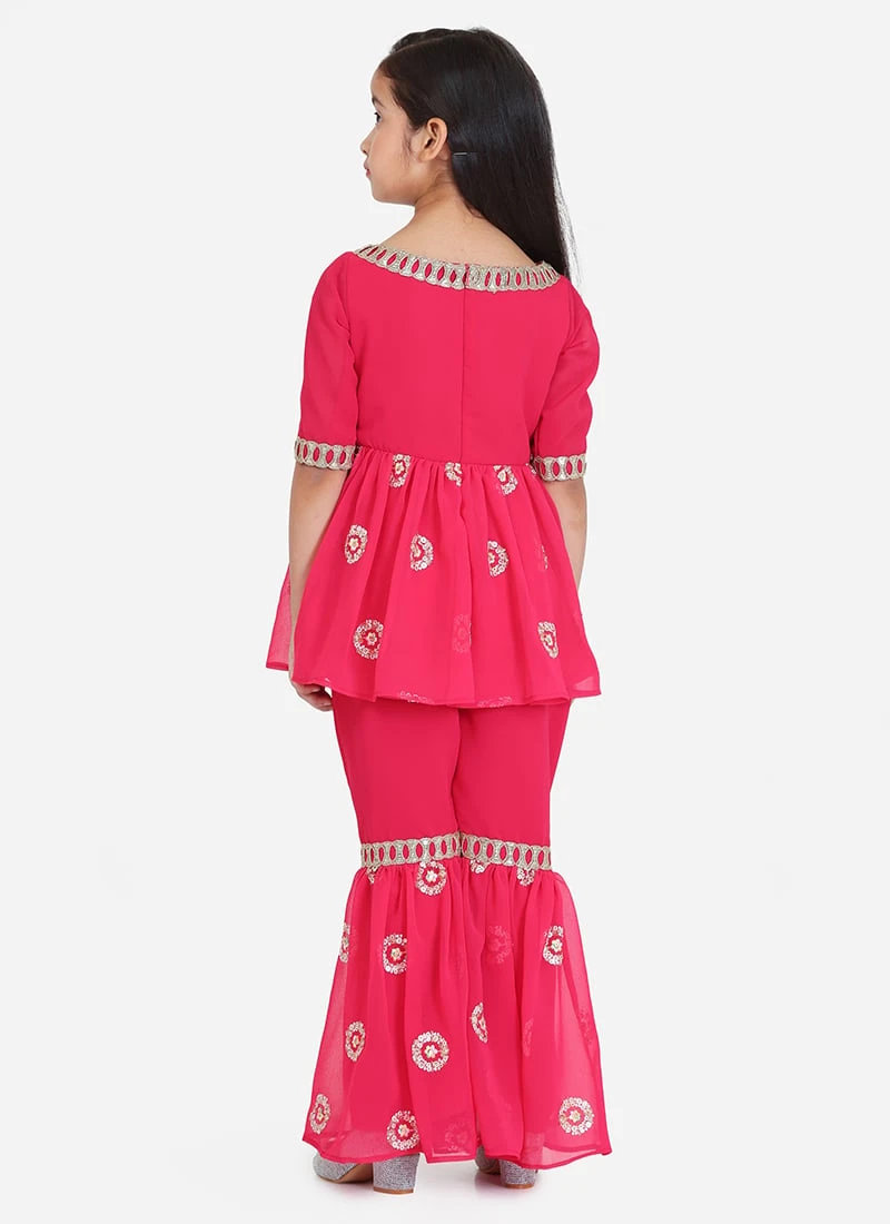 Bottom From Kids Girls Dark Pink Georgette Embroidered Gharara Suit Set After Six Wear 3 Bottom From Kids Girls Dark Pink Georgette Embroidered Gharara Suit Set After Six Wear - Image 3