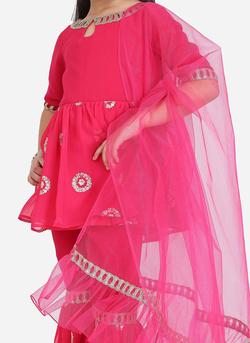 Bottom From Kids Girls Dark Pink Georgette Embroidered Gharara Suit Set After Six Wear 1 Bottom From Kids Girls Dark Pink Georgette Embroidered Gharara Suit Set After Six Wear