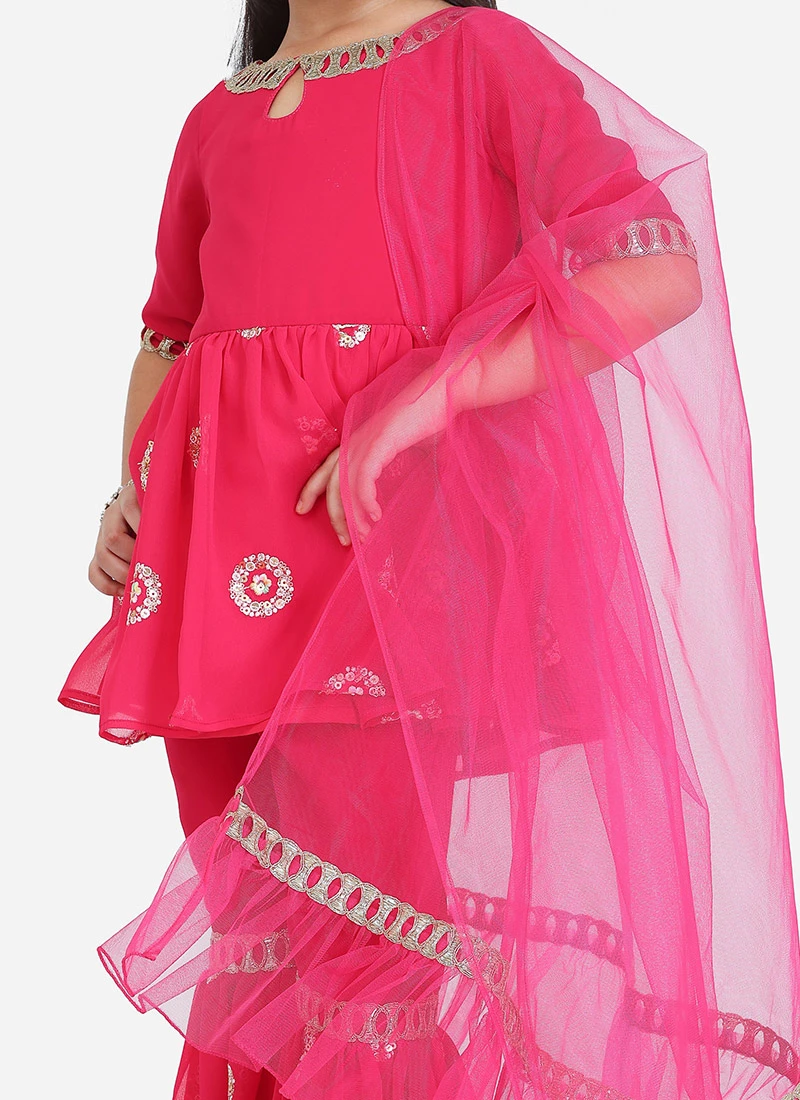 Top From Kids Girls Dark Pink Georgette Embroidered Gharara Suit Set After Six Wear 1 Top From Kids Girls Dark Pink Georgette Embroidered Gharara Suit Set After Six Wear