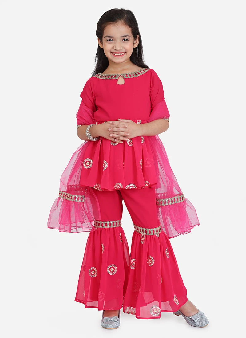 Top From Kids Girls Dark Pink Georgette Embroidered Gharara Suit Set After Six Wear 2 Top From Kids Girls Dark Pink Georgette Embroidered Gharara Suit Set After Six Wear - Image 2