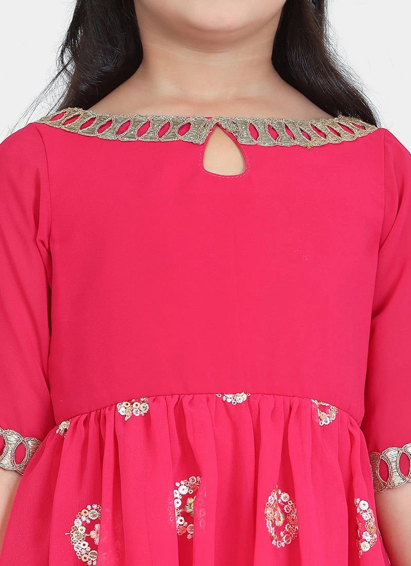Bottom From Kids Girls Dark Pink Georgette Embroidered Gharara Suit Set After Six Wear 4 Bottom From Kids Girls Dark Pink Georgette Embroidered Gharara Suit Set After Six Wear - Image 4