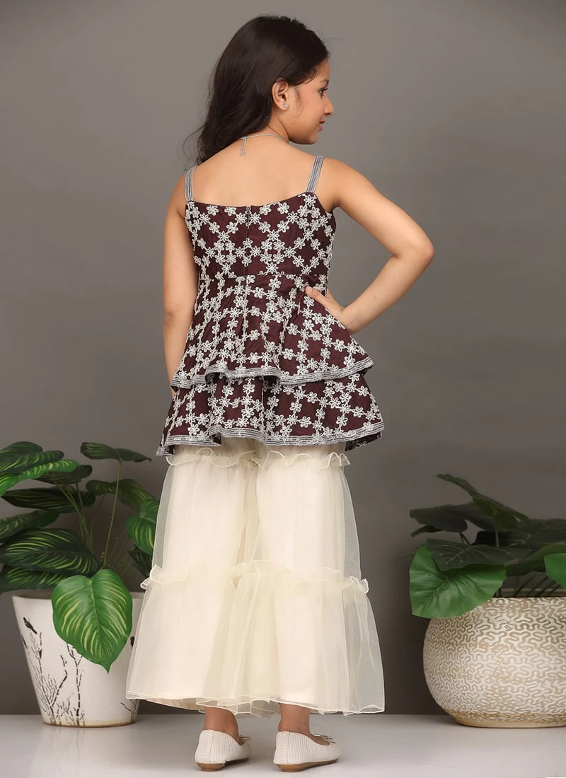 Top From Kids Girls Dark Wine Muslin Sequins N Off White Sharara Set After Six Wear 3 Top From Kids Girls Dark Wine Muslin Sequins N Off White Sharara Set After Six Wear - Image 3