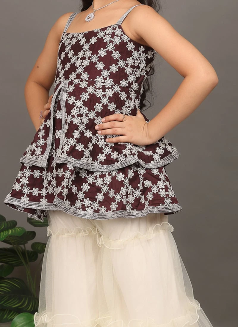 Bottom From Kids Girls Dark Wine Muslin Sequins N Off White Sharara Set After Six Wear 1 Bottom From Kids Girls Dark Wine Muslin Sequins N Off White Sharara Set After Six Wear
