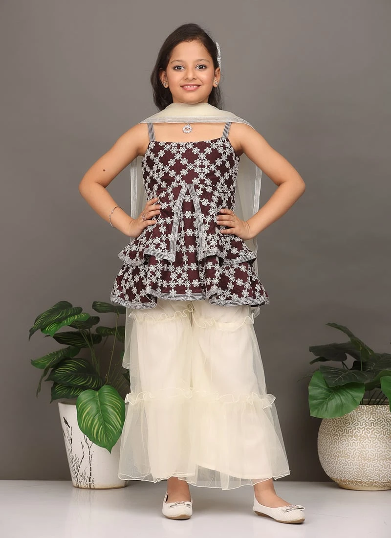 Top From Kids Girls Dark Wine Muslin Sequins N Off White Sharara Set After Six Wear 2 Top From Kids Girls Dark Wine Muslin Sequins N Off White Sharara Set After Six Wear - Image 2