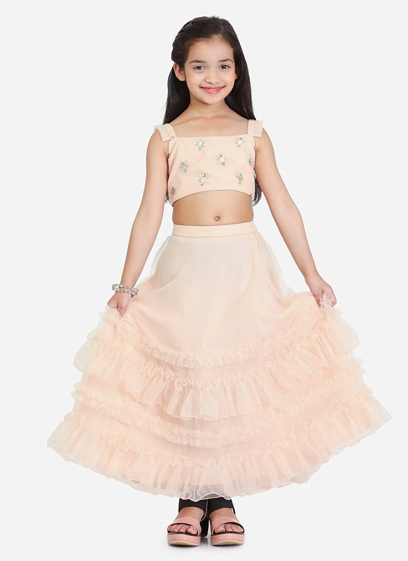 Dupatta From Kids Girls Light Peach Net Sequins Embroidered Lehenga After Six Wear 2 Dupatta From Kids Girls Light Peach Net Sequins Embroidered Lehenga After Six Wear - Image 2
