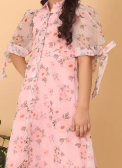 Kids Girls Pink Digital Printed Organza Kurti