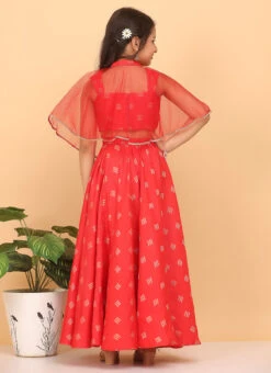 Skirt From Kids Girls Red Jacquard Crop Top N Skirt With Cape After Six Wear -C Bazaar Shop Kids Girls Red Jacquard Crop Top N Skirt With Cape KDGIWBS02301050 b