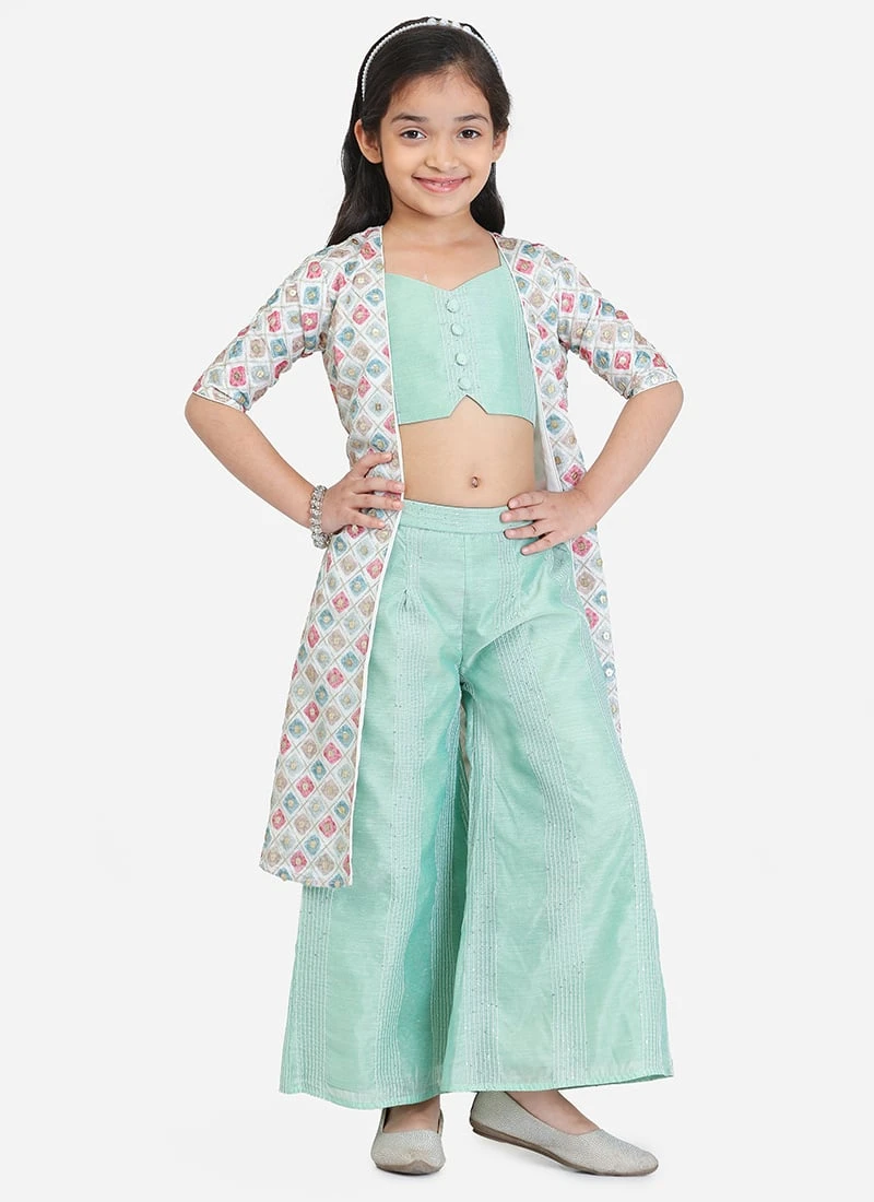 Bottom From Kids Girls White Jacket N Pista Green Embroidered Palazzo Set After Six Wear 2 Bottom From Kids Girls White Jacket N Pista Green Embroidered Palazzo Set After Six Wear - Image 2