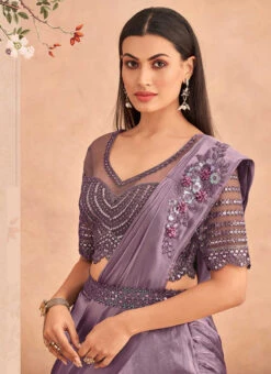 Lavender Chinon Silk Ready Pleated Saree Party Wear -C Bazaar Shop Lavender Chinon Silk Ready Pleated Saree SASKA36357301D b