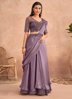Lavender Chinon Silk Ready Pleated Saree Party Wear -C Bazaar Shop Lavender Chinon Silk Ready Pleated Saree SASKA36357301D u