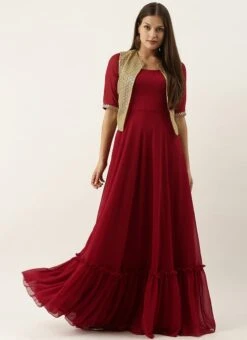 Beige Net N Maroon Jacket Style Gown Festive Wear -C Bazaar Shop Lavender Net N Maroon Jacket Style Gown IWBS02202321 u