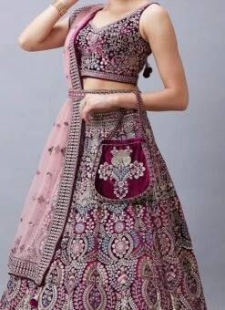 Wine Velvet Zari Embroidered N Hand Work Umbrella Lehenga Choli With Dupatta Wedding Wear