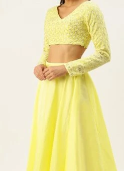 Lemon Yellow Embroidered Low V Neck Lehenga Set Festive Wear