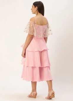 White Embroidered Net N Pink Satin Dress Party Wear 11 White Embroidered Net N Pink Satin Dress Party Wear -C Bazaar Shop Light Beige Embroidered Net N Pink Satin Dress DRBS02302457 b