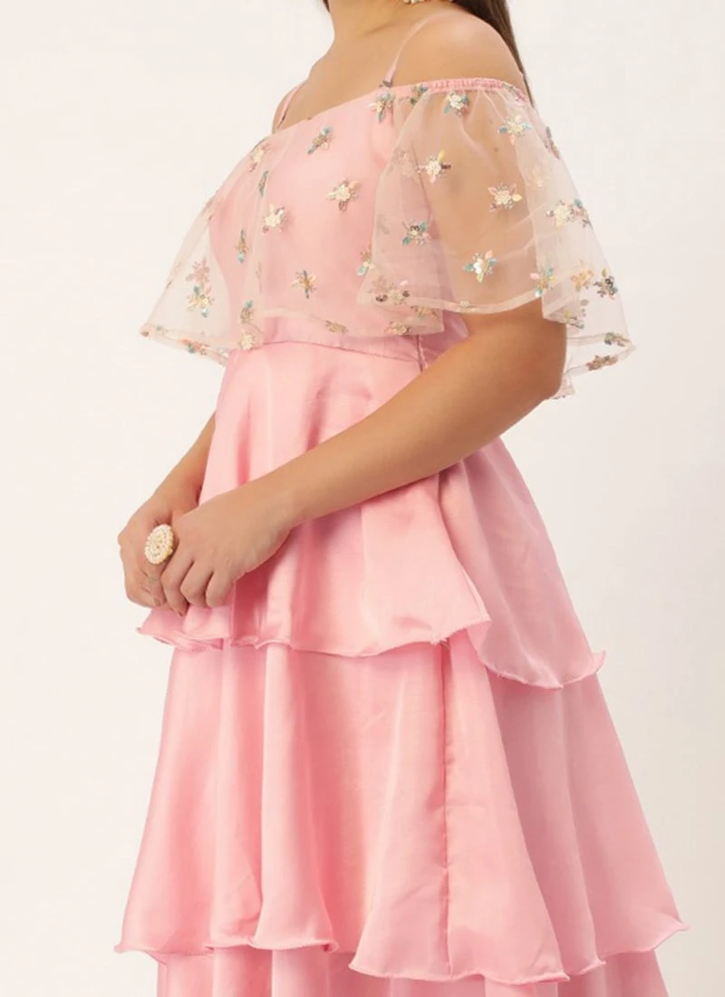 White Embroidered Net N Pink Satin Dress Party Wear 1 White Embroidered Net N Pink Satin Dress Party Wear