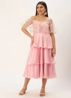 White Embroidered Net N Pink Satin Dress Party Wear 10 White Embroidered Net N Pink Satin Dress Party Wear -C Bazaar Shop Light Beige Embroidered Net N Pink Satin Dress DRBS02302457 u