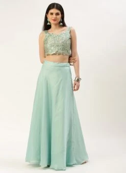 Skirt From Light Blue Net Embroidered N Green Satin Skirt Set After Six Wear -C Bazaar Shop Light Blue Net Embroidered N Green Satin Skirt Set IWBS02211107 u