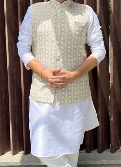 Light Brown Cotton Printed Nehru Jacket