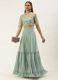 Skirt From Light Peach N Green Embroidered Crop Top N Skirt After Six Wear -C Bazaar Shop Light Peach N Green Embroidered Crop Top N Skirt IWBS02301684 u