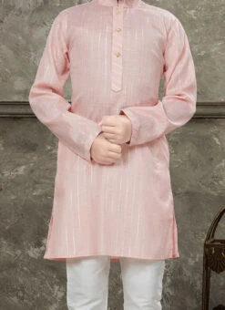 Light Pink Blended Cotton Kids Boys Kurta Pyjama Party Wear