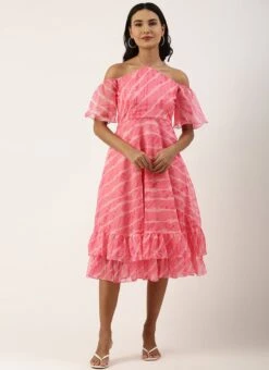 Light Pink Organza Printed Dress Party Wear -C Bazaar Shop Light Pink Organza Printed Dress DRBS02205968 u