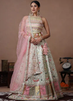 Dupatta From Light Pista Dupion Silk Embroidered Kali Lehenga After Six Wear -C Bazaar Shop Light Pista Dupion Silk Embroidered Kali Lehenga GHBS02307807 u