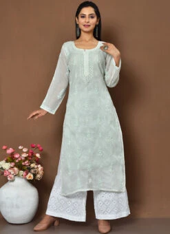 Light Sea Green Chikankari Kota Cotton Palazzo Set Festive Wear -C Bazaar Shop Light Sea Green Chikankari Kota Cotton Palazzo Set KRSOAS1392 u