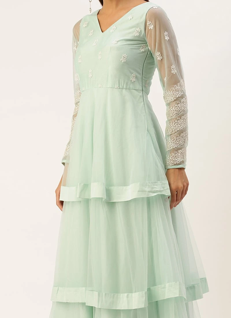 Light Sea Green Net Embroidered Gown Party Wear 1 Light Sea Green Net Embroidered Gown Party Wear