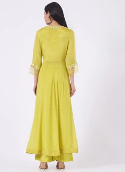 Lime Green Chinon Silk Mirror Work Anarkali Suit Wedding Wear -C Bazaar Shop Lime Green Chinon Silk Mirror Work Anarkali Suit SLDVC163 b