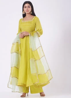 Lime Green Chinon Silk Mirror Work Anarkali Suit Wedding Wear -C Bazaar Shop Lime Green Chinon Silk Mirror Work Anarkali Suit SLDVC163 u