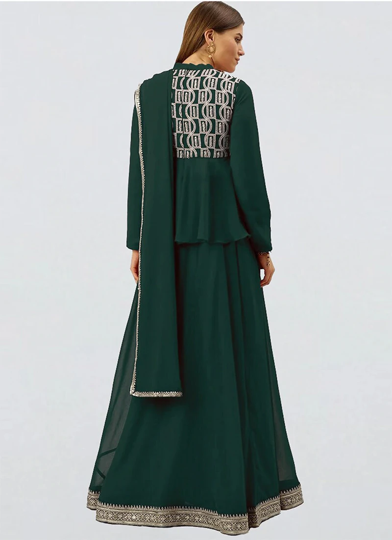 Long Choli Full Sleeve Green Georgette Lehenga Festive Wear 4 Long Choli Full Sleeve Green Georgette Lehenga Festive Wear - Image 4