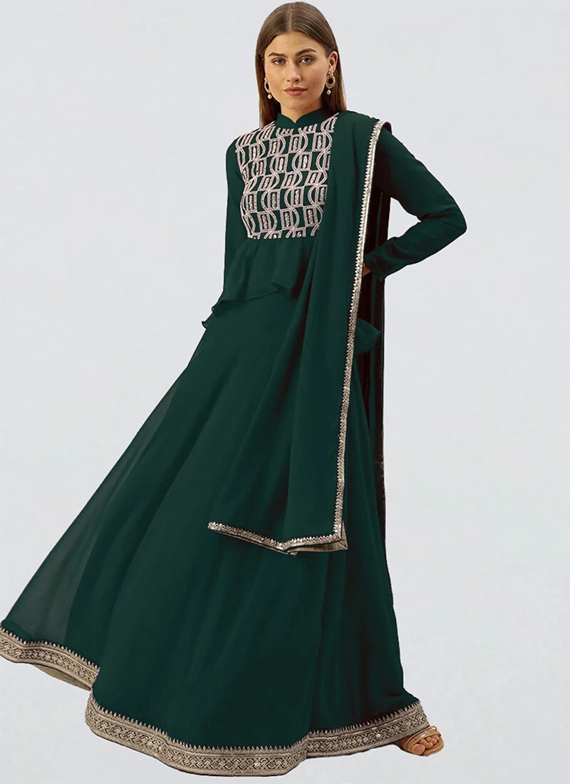 Long Choli Full Sleeve Green Georgette Lehenga Festive Wear 3 Long Choli Full Sleeve Green Georgette Lehenga Festive Wear - Image 3