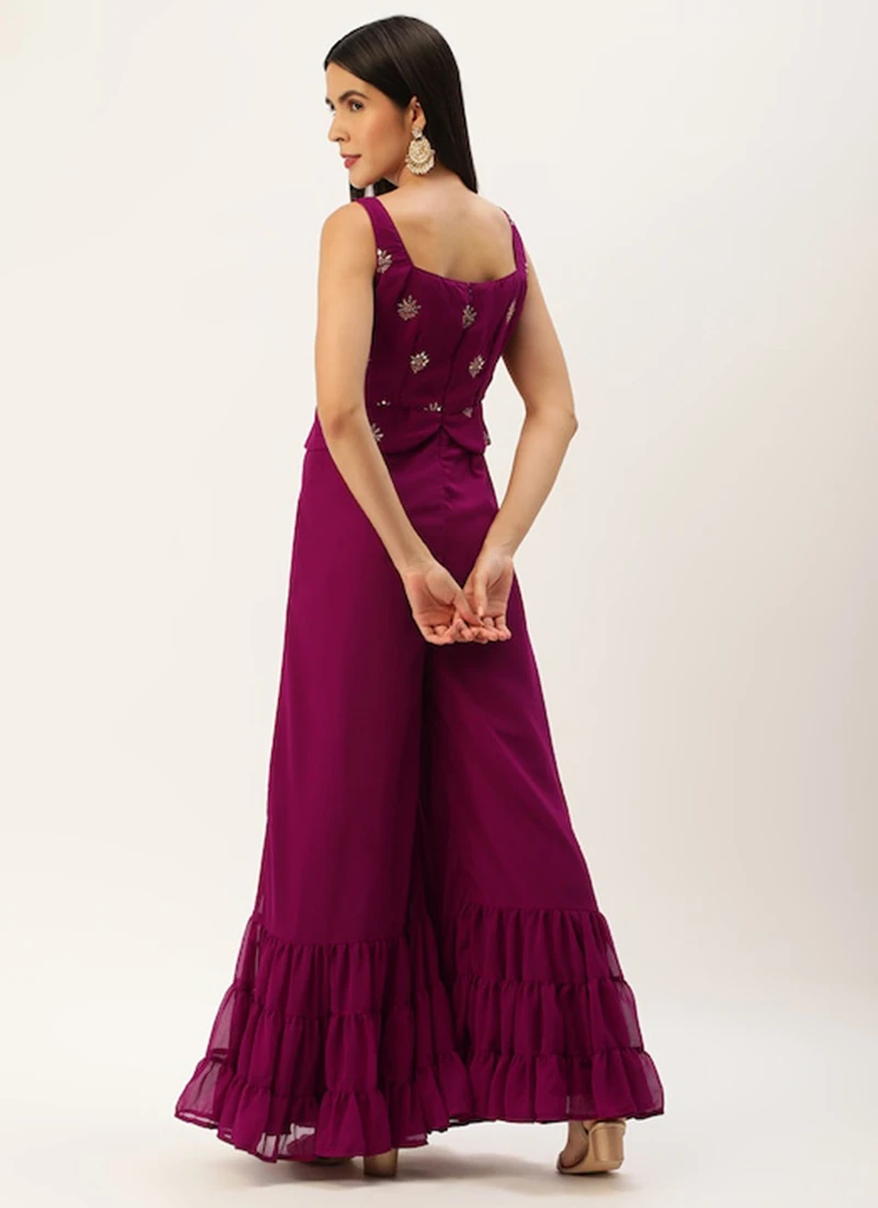 Magenta Georgette Embroidered Jumpsuit Festive Wear 4 Magenta Georgette Embroidered Jumpsuit Festive Wear - Image 4